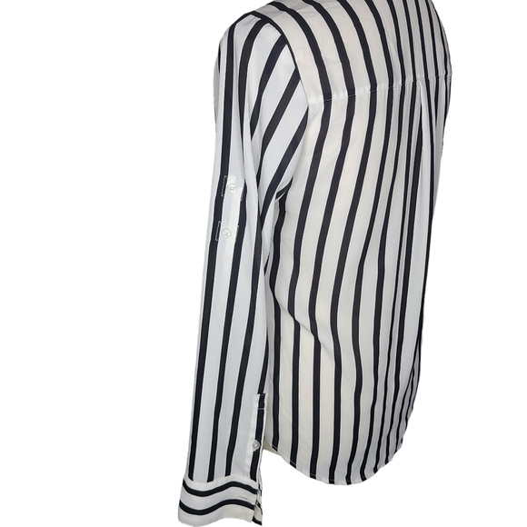 Express White and Black Striped Roll Tab Sleeve Button Front Blouse - Picture 5 of 7